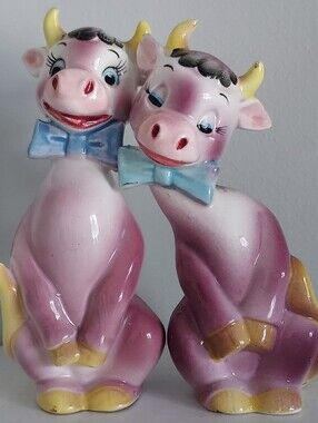 Pink Ceramic Cow Figurine Duo with Blue Bows